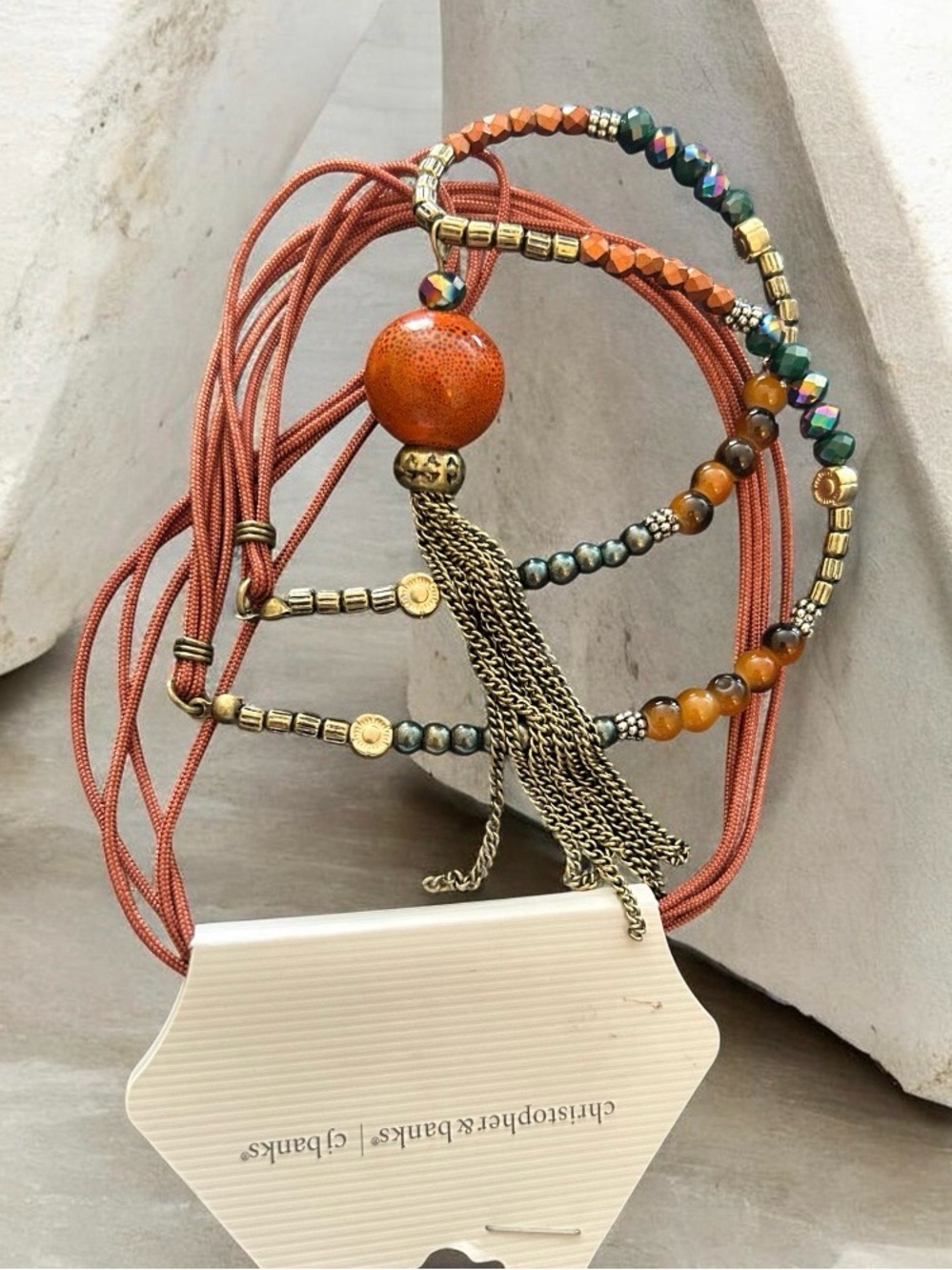 Christopher & Banks Orange Beaded Tassel Necklace with Gold Accents - Picture 2 of 3